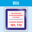 Знак «Ответственный за противопожарное состояние, о пожаре звонить 101, 112», B06 (пластик, 200х200 мм)